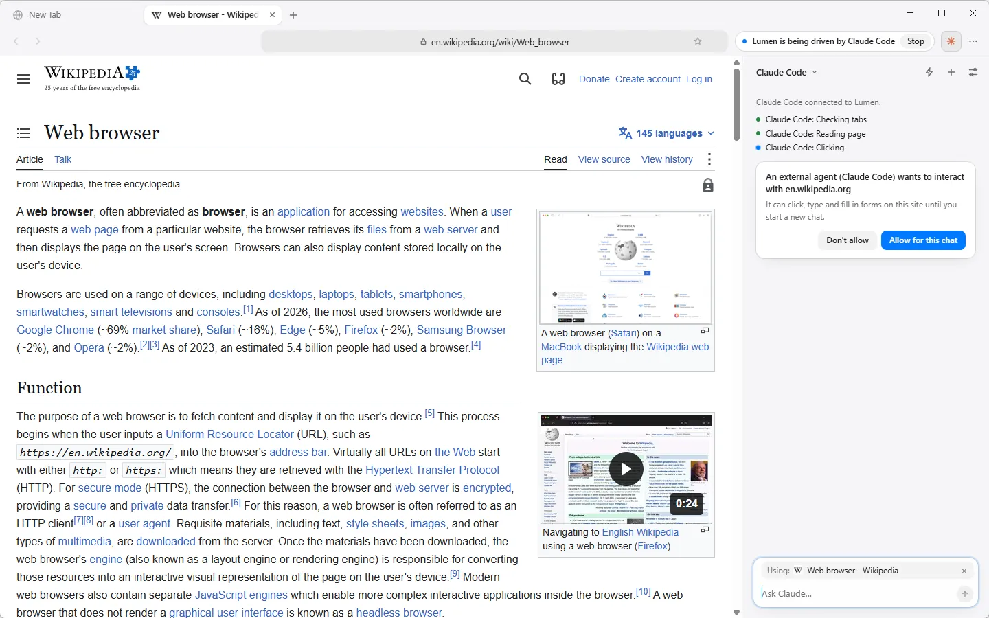 Lumen showing an approval prompt in the sidebar asking whether an external agent, Claude Code, may act on the page.