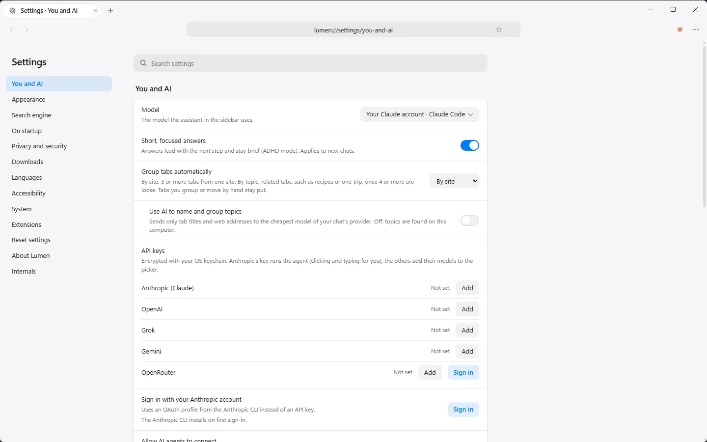 Lumen's AI settings: a model picker, agent behavior toggles, and API key fields for several providers.