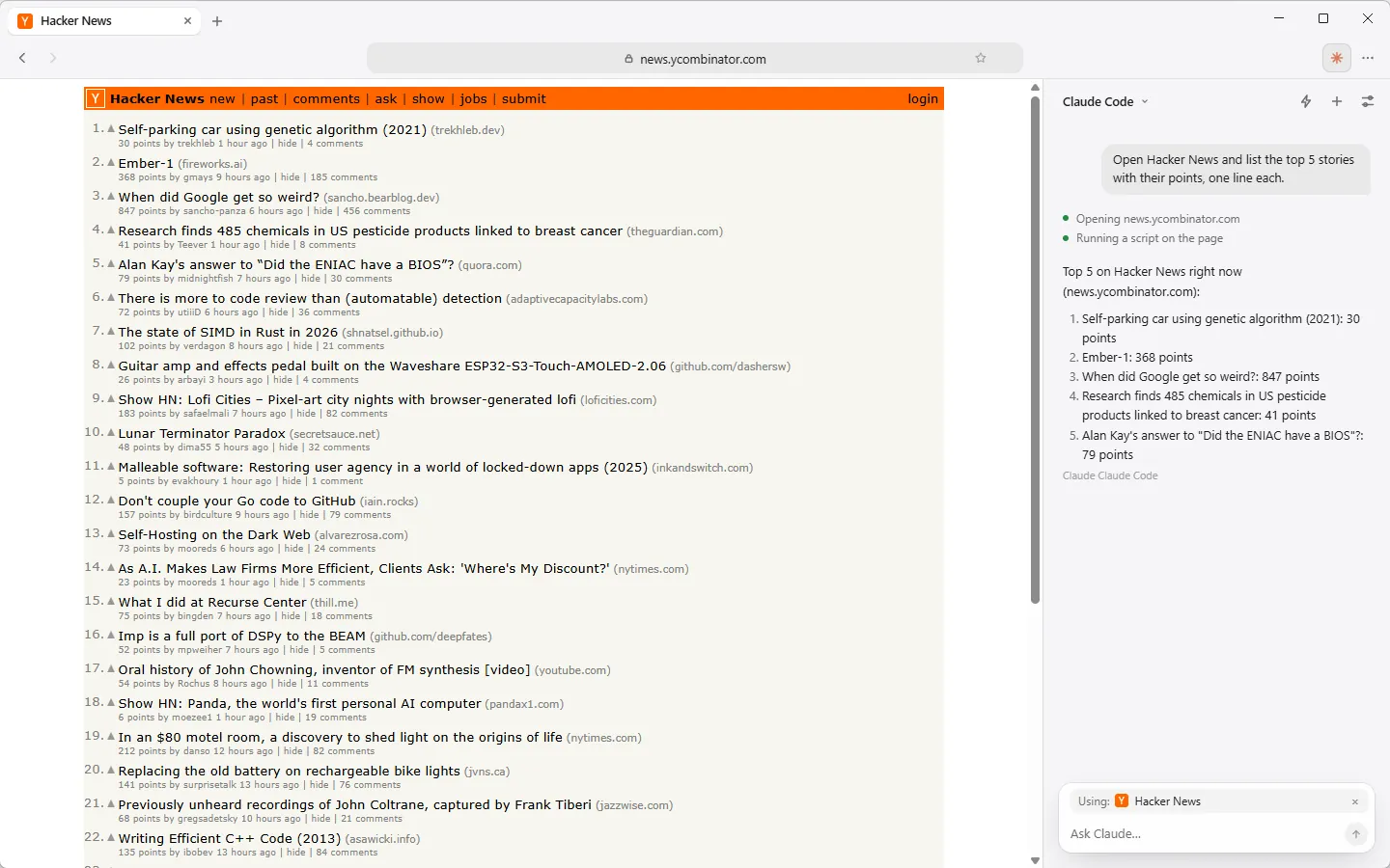Lumen showing Hacker News with the agent sidebar on the right, listing the top stories it read from the page.
