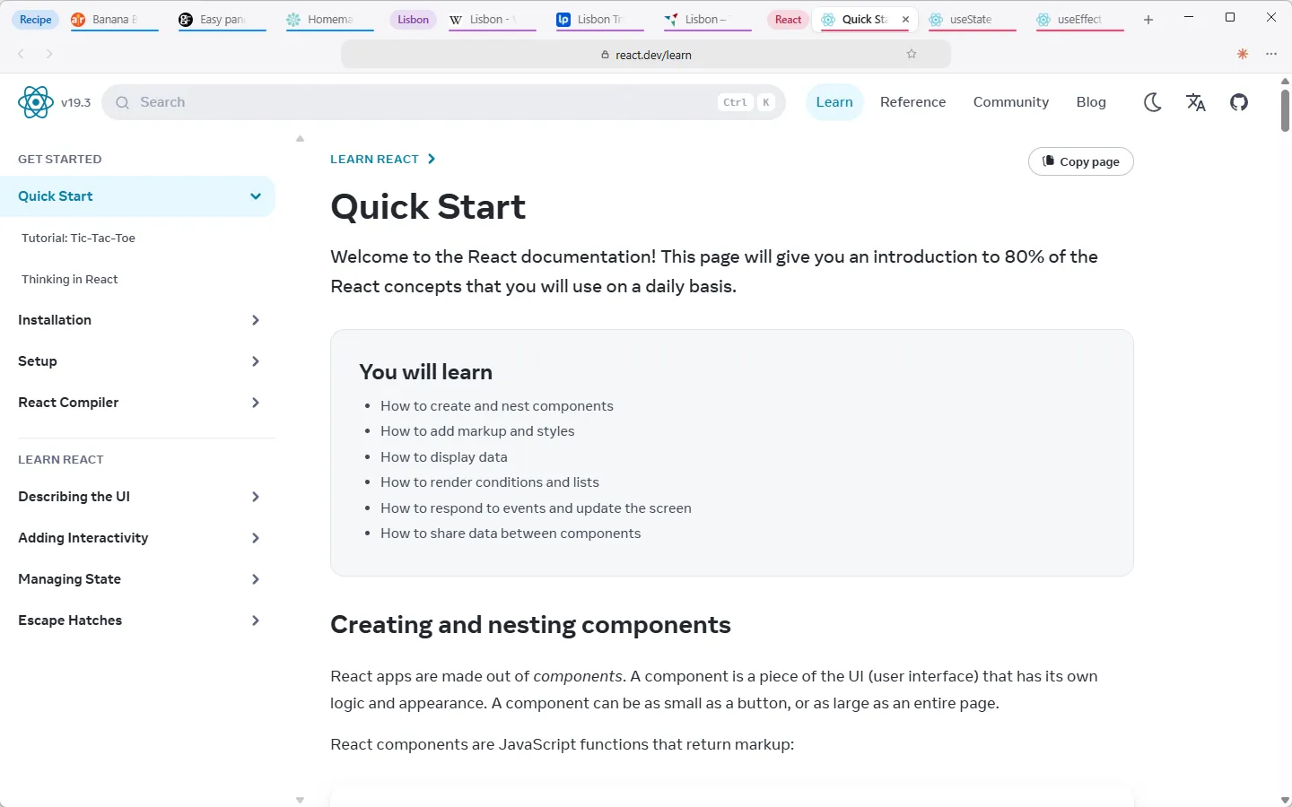 Lumen with a row of color-coded tab groups across the top, open on the React docs.