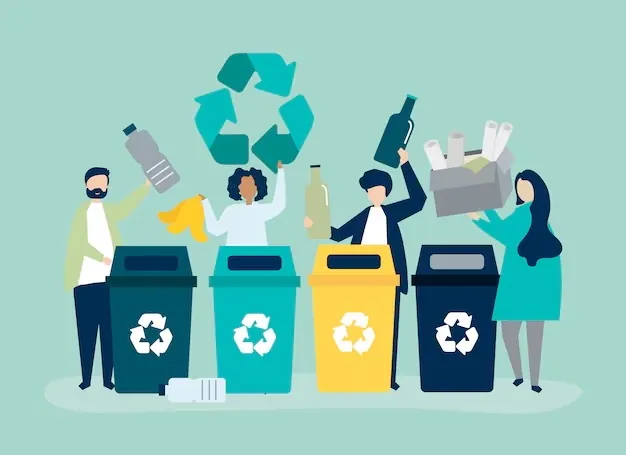RecycleRight's homepage illustration: people dropping bottles, cans, and boxes into four colored recycling bins.