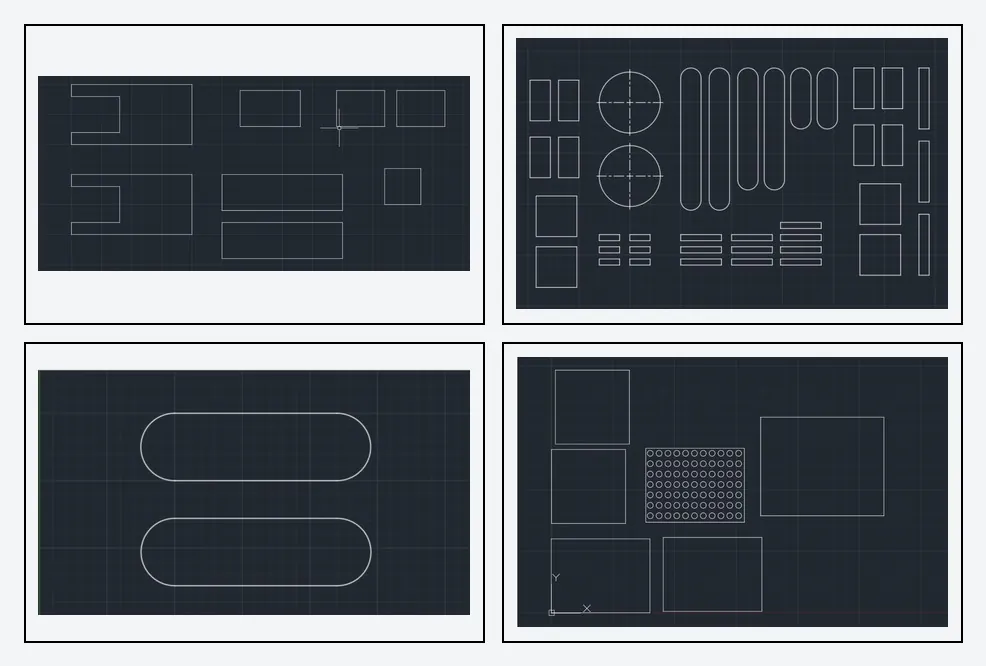 Four AutoCAD panels showing claw and arm parts laid out as flat outlines for laser cutting.