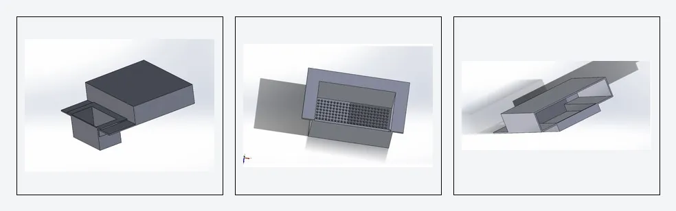 Three SolidWorks views of the main body, a box with a perforated sifter tray, modeled for 3D printing.