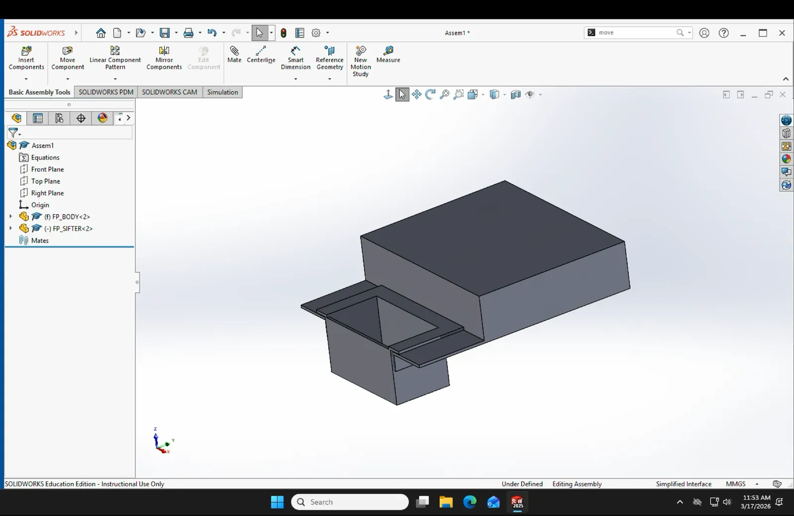 SolidWorks assembly of the robot body with its perforated sifter tray pulled out.